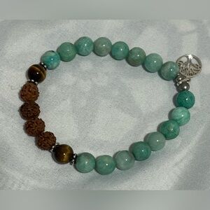 Handmade Amazonite, Tiger’s Eye & Rudraksha Bead Bracelet with Silver Tree Charm